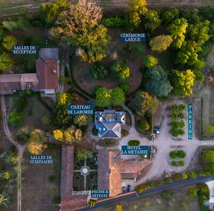 Plan du domaine : salles de réception, cérémonie laïque, château, parking, hôtel La Métairie, salles de séminaire, piscine